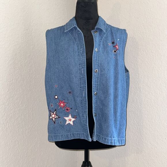 Vintage Y2K Christopher & Banks Denim Vest Women's Large Blue Denim Pink Stars - Picture 1 of 9